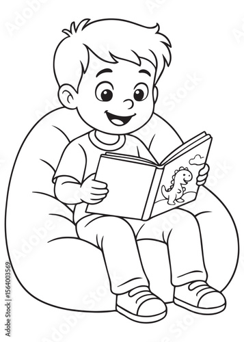 Coloring book boy reading book on bean bag chair.