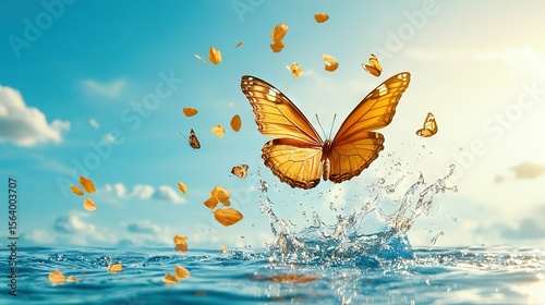   A golden butterfly soars above the water, surrounded by a swarm of glistening flutterflies