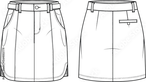 Technical skirt sketch, front and back view, belt loops, curved pockets, center seam, side slits, button closure, garment design illustration
