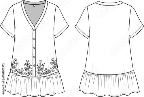 Fashion Sketch of V-Neck Short-Sleeve Blouse with Floral Embroidery and Ruffled Hem, Front and Back Apparel Design Illustration