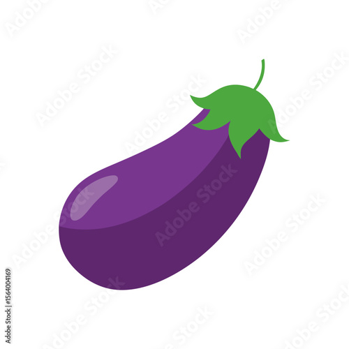 Simple flat illustration of a single purple eggplant with green leaves on a white background