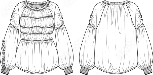 Gathered blouse sketch, round neckline, horizontal pleats, voluminous sleeves, ribbed cuffs, front and back view, fashion technical illustration, design drawing