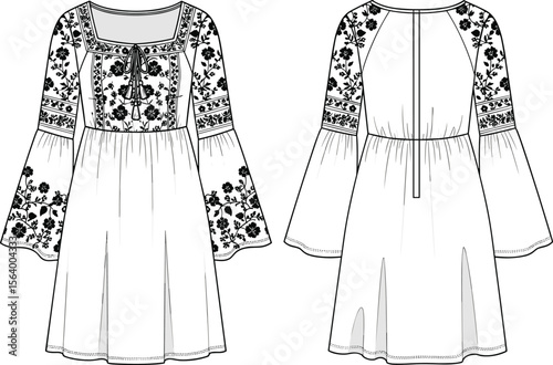 Bohemian style floral embroidered dress, fashion illustration, trendy bell sleeves, detailed front and back view, stylish garment, clothing design