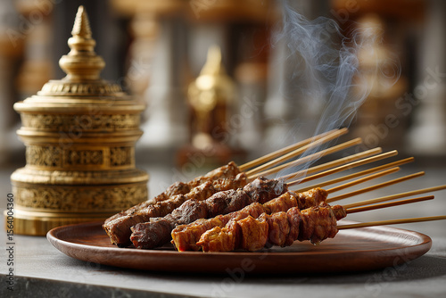 Five succulent, steaming satay skewers, perfectly grilled with visible char marks and glistening sauce, rest on a dark surface, with hints of a gilded Buddha statue in the blurred background.

 photo