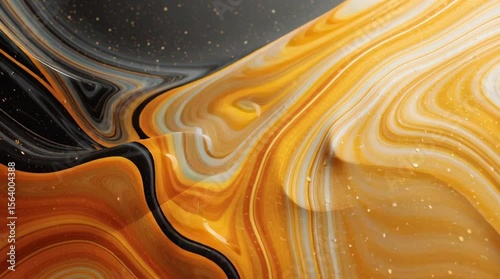 Swirling 3D paint with smooth blending of black and  orange shades. Glossy, reflective surface with a liquid, flowing texture like spilled paint mixing together. Highly detailed and realistic, 