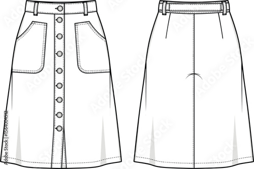 A-line skirt sketch, button-down front, large patch pockets, waistband with belt loops, front back view, fashion illustration, garment design