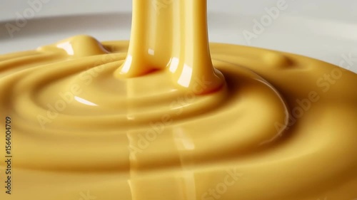 Pouring creamy cheese sauce on white plate. Food concept with delicious liquid.