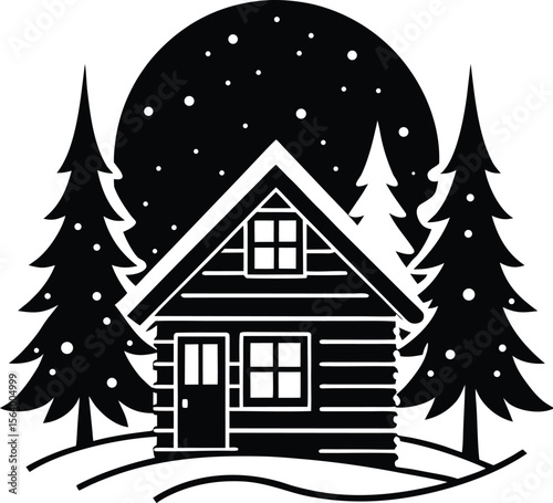 Black and White Winter Chalet Vector