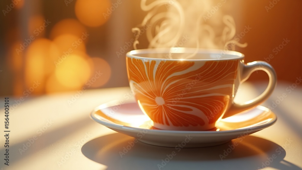 Fototapeta premium Steaming beverage in decorative cup on a sunny surface.