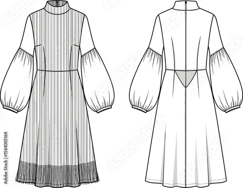 Technical sketch of puff sleeve dress, front and back view, pleated hemline, high neck, waist seam, fashion design illustration