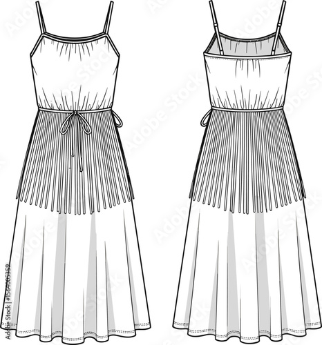 A-line dress fashion sketch, front and back view, pleated hip panel, waist tie, thin straps, detailed garment design illustration