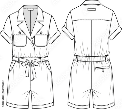 Short-sleeve romper sketch, notched collar, chest button pockets, waist tie belt, elastic back, fashion illustration, garment construction drawing