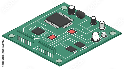 Isometric Electronic Circuit Board with Microchips - 3D Technology Illustration