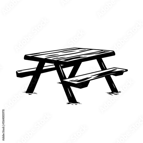 Black silhouette of a picnic table on a white background for outdoor dining and recreational activities