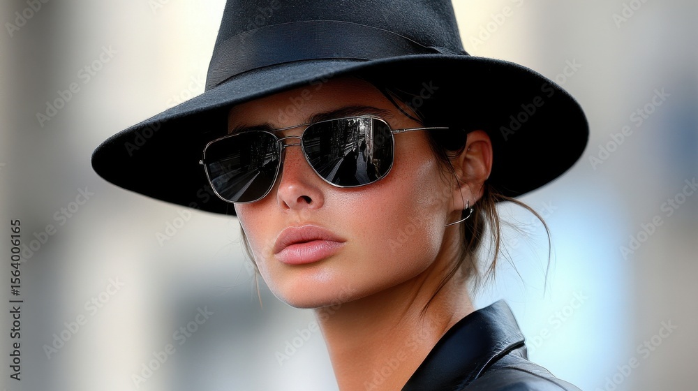 Stylish portrait of a person wearing a black hat and aviator sunglasses, reflecting urban scenery. Close-up view emphasizing features. Stylish portrait of a person wearing a black hat and aviator sunglasses, reflecting urban scenery. Close-up view emphasizing features.