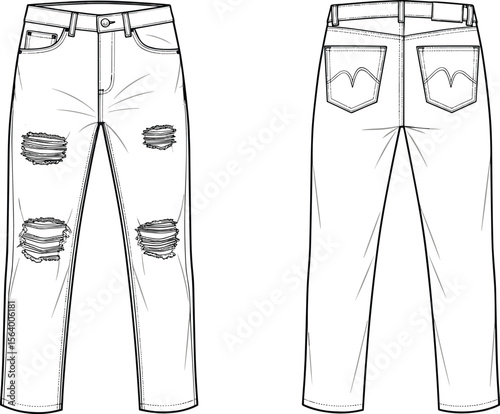 Distressed jeans technical sketch, front and back view, stitched pockets, zipper closure, belt loops, knee rips, fashion garment illustration