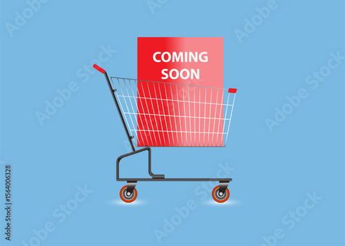 Shopping cart with Coming Soon word on blue background.