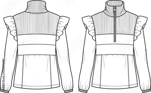 High-collar ruffled top sketch, front and back view, long sleeves with elastic cuffs, front zipper, loose fit fashion illustration