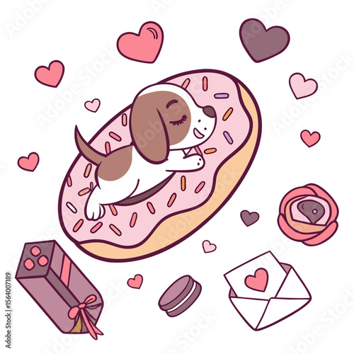 Playful Dreamy Playful puppie design, styled with inside a donut float and Valentine Blush shades in a Valentine's Day setting