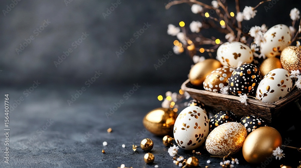 Obraz premium Basket filled with golden Easter eggs on a black tablecloth, adorned with confetti and sprinkles