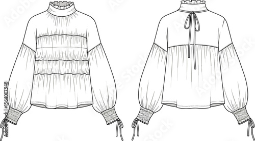 Blouse sketch illustration, high ruffled neckline, long puffed sleeves, gathered cuffs with ties, loose bodice design, fashion drawing, technical view