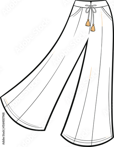 Flared Wide-Leg Women’s Pants Flat Sketch – Tassel Drawstring Waist, Fashion CAD Illustration of Boho Flowy Bottoms