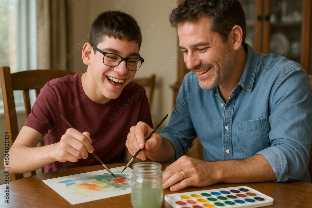 Fototapeta premium Father and son bonding over a joyful painting session, creating vibrant watercolor art together in the comfort of their home