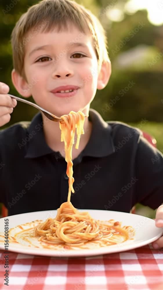 A joyful 5-year-old caucasian boy with brown hair in a black polo shirt, at a red checkered outdoor table, anticipates spaghetti as an adult's hand feeds him. Bathed in golden hour light with creamy A joyful 5-year-old caucasian boy with brown hair in a black polo shirt, at a red checkered outdoor table, anticipates spaghetti as an adult's hand feeds him. Bathed in golden hour light with creamy
