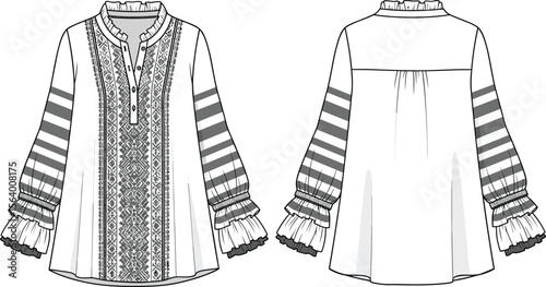 Striped blouse sketch, ruffled collar, embroidered button placket, long gathered sleeves, cuff detail, front and back view, fashion illustration design