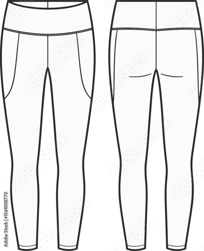 High-Waisted Women’s Leggings Flat Sketch – Activewear Fashion CAD with Side Pockets and Seam Detail, Front Back View