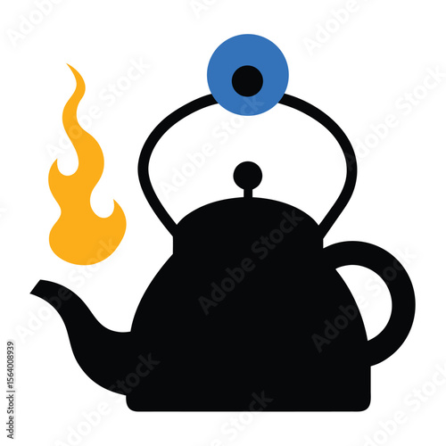 Hot Teapot Illustration: A stylized illustration of a black teapot with a blue lid, steam rising from the spout in the shape of flames.
