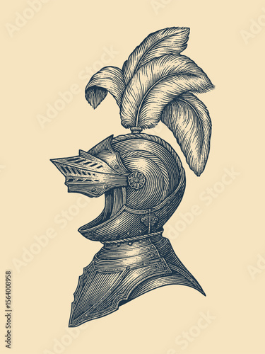 Knight helmet with plume side view engraving sketch vector

