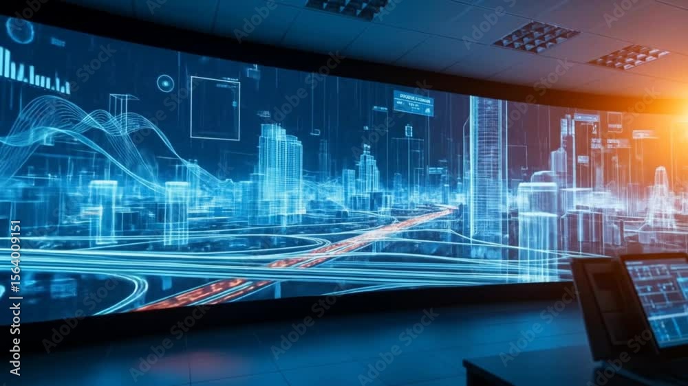Futuristic Cityscape Data Visualization on Large Screen in Control Room with Laptops
