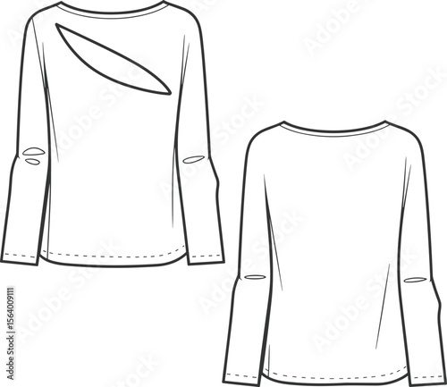 Women’s Long Sleeve Cut-Out Top Flat Sketch – Asymmetrical Shoulder Detail and Elbow Slits, Fashion CAD Drawing Front & Back