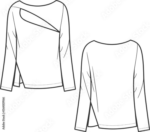 Asymmetric Neckline Long Sleeve Top Flat Sketch – Trendy Women's Blouse with Cut-Out Detail, Stylish Fashion CAD Drawing