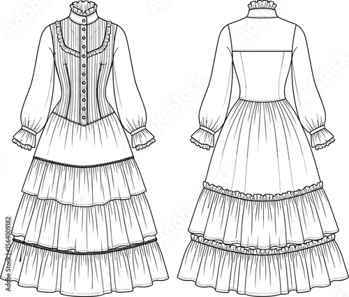 Tiered Ruffled Dress Fashion Sketch, High Collar Buttoned Bodice Illustration, Long Sleeve Garment Design, Vintage Style Apparel Blueprint