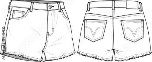 Frayed Hem Denim Shorts Technical Drawing, Button Closure Garment Sketch, Front and Back Pocket Detail, Fashion Blueprint Illustration