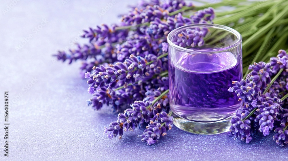 A glass with purple liquid sits beside a cluster of lavender flowers on a purple cloth A glass with purple liquid sits beside a cluster of lavender flowers on a purple cloth