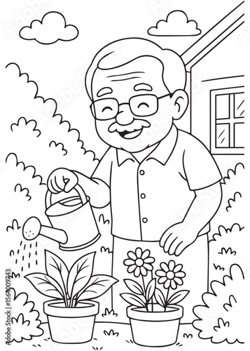Coloring book grandpa watering garden plants.