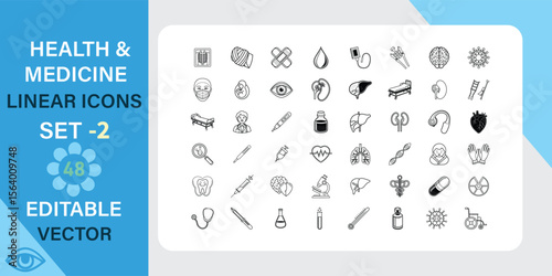 48 health and medicine linear icons, editable vector format. Includes medical symbols, equipment, and organs. Perfect for app design.