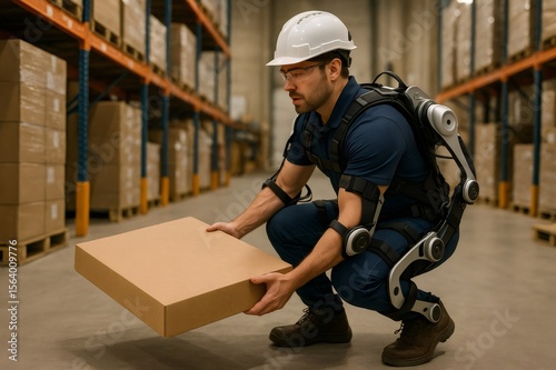 Warehouse worker wearing exoskeleton lifting heavy cardboard box in large distribution center, innovative technology improving working conditions and safety