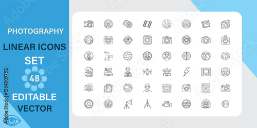 Set of 48 editable vector linear icons related to photography, cameras, equipment, and image editing. Perfect for graphic design projects.