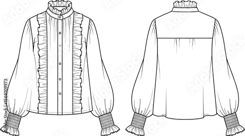 Puffed Sleeve Ruffled Blouse Technical Drawing, Fashion Garment Illustration, Front and Back View, Clothing Blueprint, Apparel Design Sketch