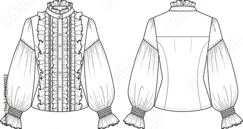 High Collar Ruffled Blouse Technical Drawing, Puffed Sleeve Fashion Sketch, Button Front Garment Design, Clothing Blueprint, Apparel Illustration