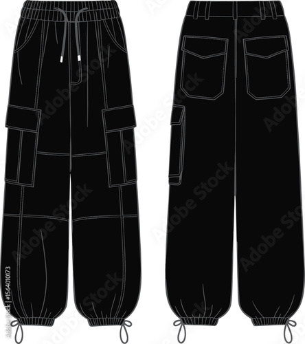 Black Cargo Jogger Pants Flat Sketch – Drawstring Waist, Patch Pockets, Utility Seams – Fashion Technical CAD Illustration