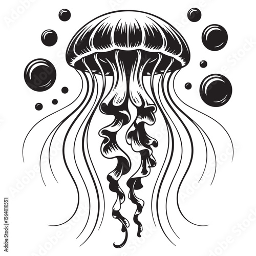 A black and white illustration of a jellyfish with bubbles isolated on white background