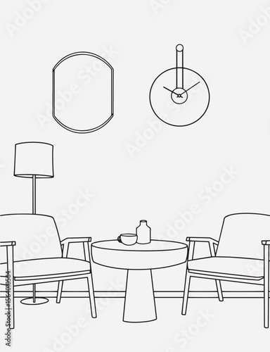 Minimalist modern interior line art, elegant living room, cozy reading corner illustration. Interior design with modern room in black sketch line on white background. Line drawing of Living room.