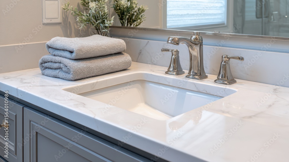 Fototapeta premium A contemporary bathroom displays a white marble countertop featuring a stylish sink with polished fixtures. Soft gray towels are neatly stacked nearby, enhancing the space's elegance