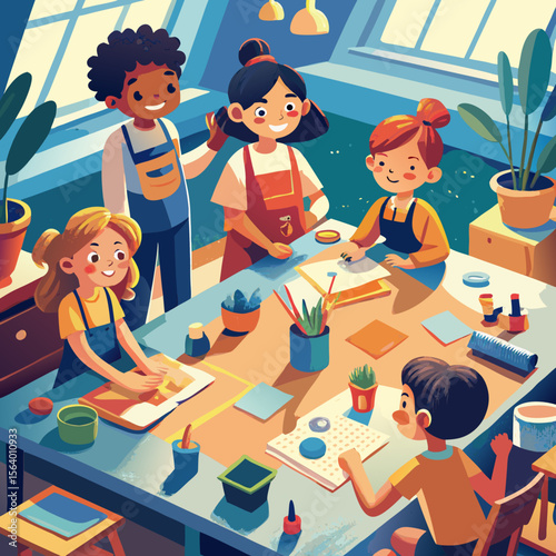 Children crafting and drawing at large table in sunny classroom