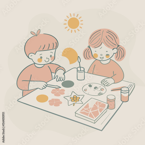 Kids making crafts at table in soft pastel hand-drawn style